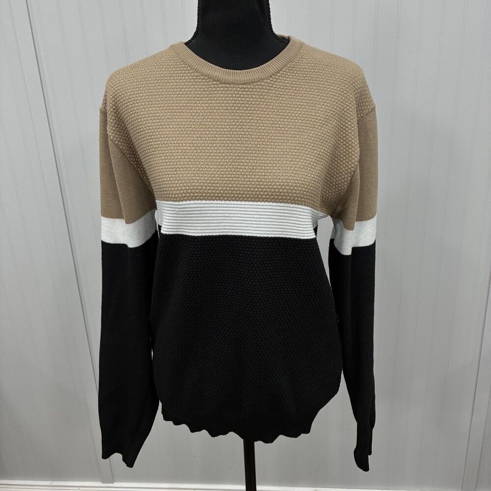 Colours Alexander Julian Men's Large Black Beige Color-Block Knit Sweater Preppy